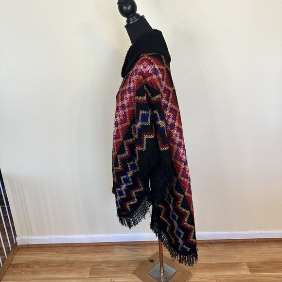Mexican Textiles Knit Poncho Fringe Geometric Red Blue One Size Black Cowl Neck - Picture 8 of 8